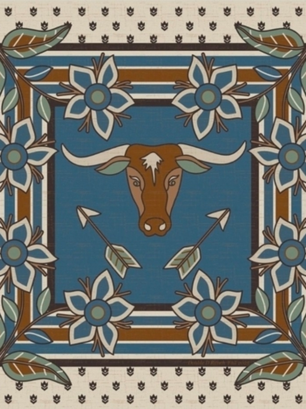 Double D Ranch Silk Blue, Tan & Cream Printed Scarf